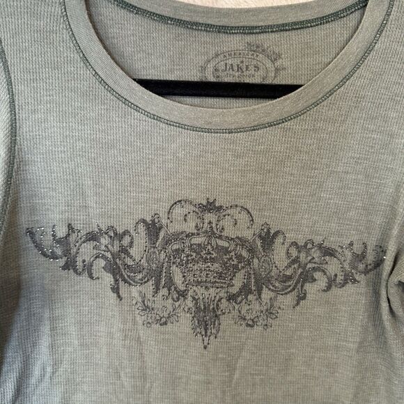 Jake’s Sage Green Rhinestones Long Sleeve L Thermal Shirt Y2K Grunge Made In USA - Picture 7 of 12